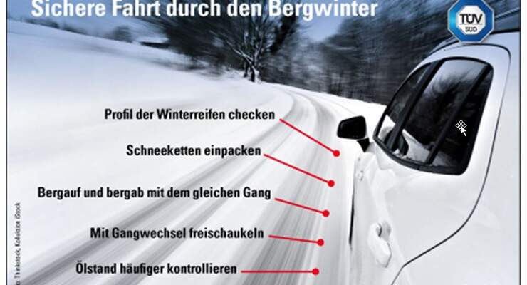 Fahrten ins Gebirge können es im Winter in sich haben, etwa in Serpentinen. Tipps dazu von TÜV Süd.